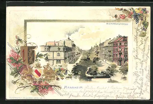 Passepartout-Lithographie Mannheim, Bismarckstrasse, Wappen