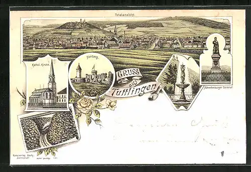 Lithographie Tuttlingen, Kathol. Kirche, Honberg, Schneckenburger Denkmal