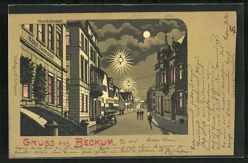 Mondschein-Lithographie Beckum, Nordstrasse mit Hotel Samson