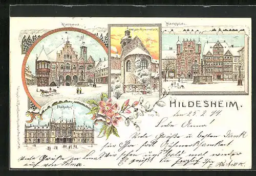 Winter-Lithographie Hildesheim, Bahnhof, Rathaus, Marktplatz