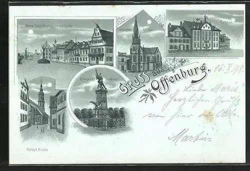 Mondschein-Lithographie Offenburg, Oberer Hauptstrasse, Kathol. Kirche, Rathaus