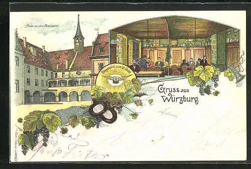 Lithographie Würzburg, Partie aus dem Bürgerspital