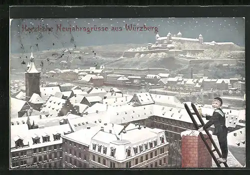 AK Würzburg, Neujahrsgruss, Schornsteinfegerjunge