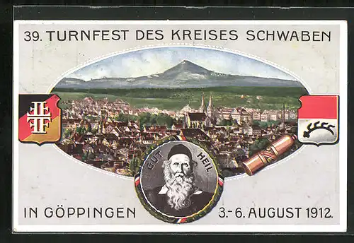 AK Göppingen, 39. Turnfest des Kreises Schwaben 1912, Ortsansicht mit Berg Hohenstauffen, Ganzsache