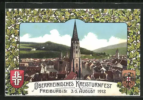 AK Freiburg i. Br., Oberrheinisches Kreisturnfest 1912, Stadtansicht mit Kirchturm