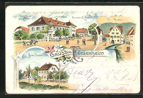 Lithographie Friesenheim, Gasthaus zum Adler, Rathaus, Kaiserl. Postamt