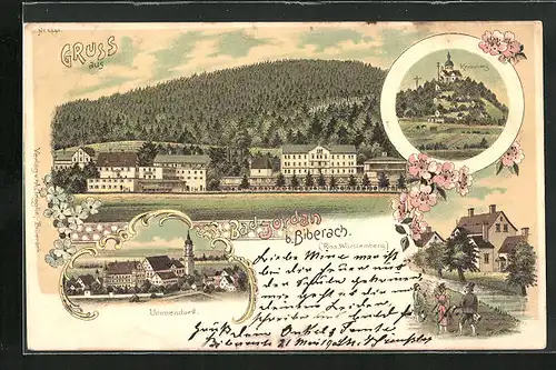 Lithographie Biberach, Jordanbad, Ummendorf, Kreuzberg, Teilansicht mit Wald