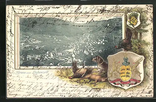 Passepartout-Lithographie Liebenzell, Ortsansicht aus der Vogelschau, Jagdhund mit Beute