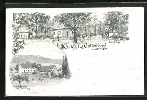 Lithographie Reichenberg, Guttenberg, Gasthaus Forsthaus