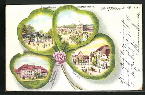 Passepartout-Lithographie Bad Kissingen, Rakoczybrunnen, Konversationshaus, Marktplatz, Kleeblatt