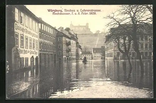 AK Würzburg, Neubau und Lehrerstrasse, Hochwasser, 7. /8. Februar 1909