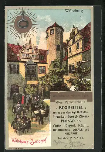 Künstler-AK Würzburg, Wein- und Gasthaus Sandhof, altes Patrizierhaus