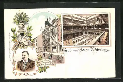 Lithographie Würzburg, Theater Odeon, Porträtbild von Direktor u. Besitzer Hans Hammerbacher