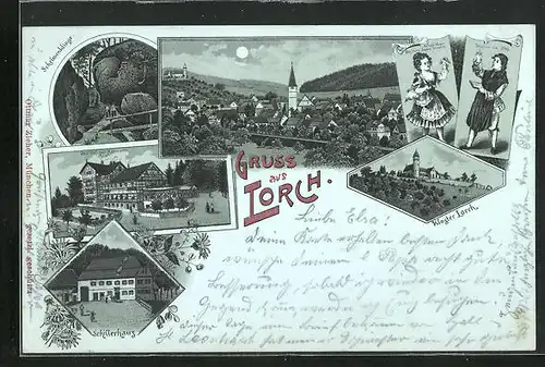 Mondschein-Lithographie Lorch, Gasthof Zur Harmoni, Schelmenklinge, Schillerhaus in der Nacht