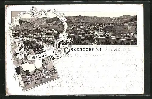 Lithographie Oberndorf / Neckar, Marktplatz mit Kirche, Gesamtansicht