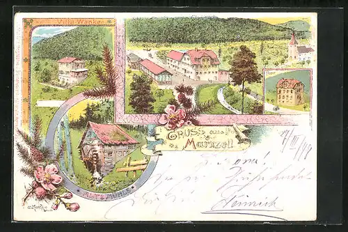 Lithographie Marxzell, Pension Villa Wänker, Alte Mühle mit Wasserrad, Ortsansicht aus der Vogelschau