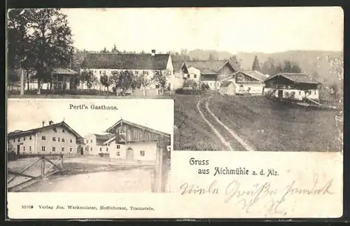 AK Tacherting, Aichmühle a. d. Alz, Pertl`s Gasthaus, Teilansicht vom Ort
