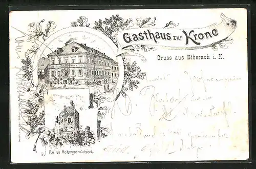 Lithographie Biberach i. K., Gasthaus zur Krone, Ruine Hohengeroldseck