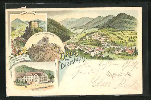 Lithographie Diersburg, Gasthaus zur Linde, Ruine Thiersberg