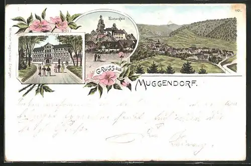 Lithographie Muggendorf, Hotel Kurhaus, Ortsansicht, Tüchersfeld