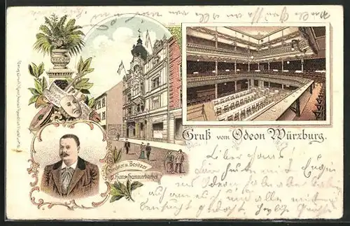 Lithographie Würzburg, Restaurant Odeon von Hans Hammerbacher, Innen- und Aussenansicht