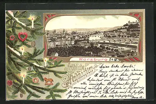 Lithographie Würzburg, Stadt-Panorama, Weihnachtsgruss