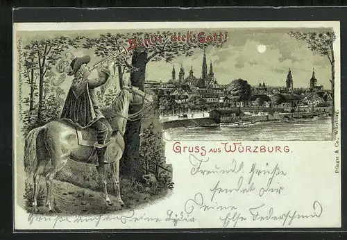 Mondschein-Lithographie Würzburg, Ortsansicht mit Hafen, Der Trompeter von Säckingen