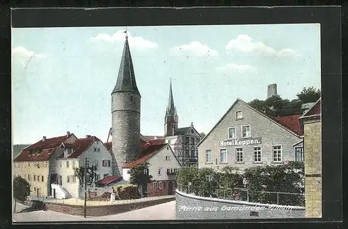 AK Gemünden a. Main, Hotel Koppen mit Kirche