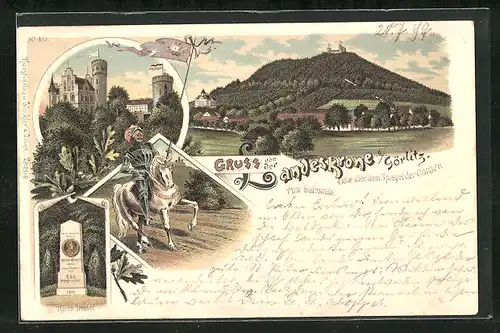 Lithographie Görlitz, Restaurant Landeskrone mit Burg, Ritter mit Fahne, Körner Denkmal