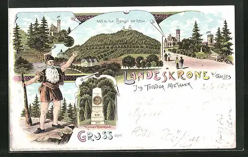 Lithographie Görlitz, Restaurant Landeskrone mit Burg, Körner-Denkmal, Älterer Mann mit Bart ruft den Leuten zu