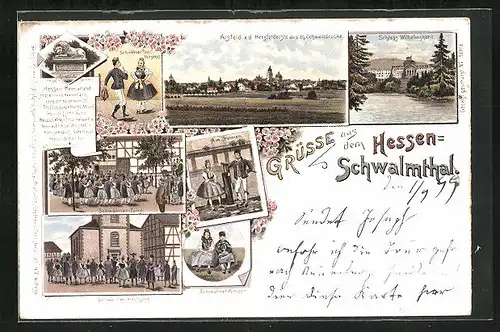 Lithographie Schwalmthal, Schloss Wilhelmshöhe, Schwälmer-Tanz, Schwälmer Kirchgang