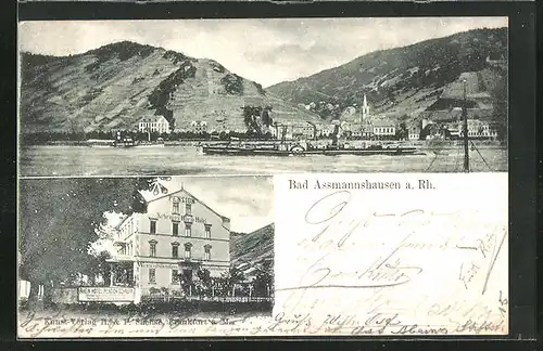 AK Bad Assmannshausen a. Rh., Hotel Schrupp am Rhein, Ortsansicht mit Dampfer