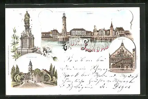 Lithographie Lindau, Denkmal von Maximilian II., Heidenmauer, Ortsansicht mit Leuchtturm