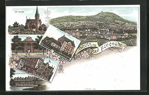 Lithographie Bad Neuenahr, Hotel Kurhaus, Wandelbahn, Walburgis Stift