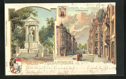 Präge-Lithographie Aschaffenburg, Blick in die Luitpoldstrasse, Monumentalbrunnen