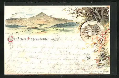 Lithographie Hohenstaufen, Gasthaus Zum Lamm, Ortsansicht mit Berge