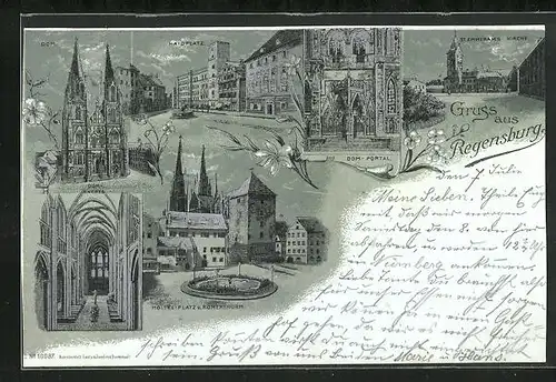 Lithographie Regensburg, Dom in der Nacht, St. Emmerams Kirche, Moltke-Platz mit Römerturm