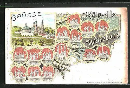 Lithographie Würzburg, Käpelle, Kreuzigungsszenen am Stationsweg