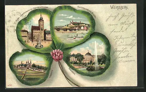 Passepartout-Lithographie Würzburg, Grafen-Eckardtsthurm mit Vierröhrenbrunnen, Residenz, Kleeblatt