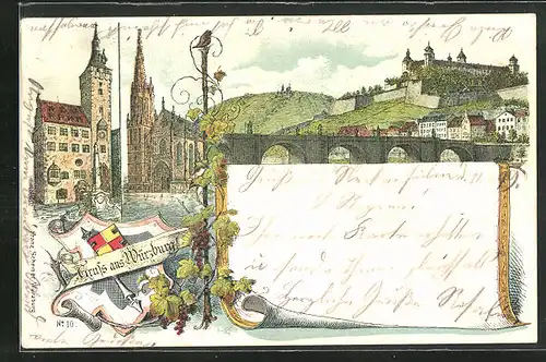 Lithographie Würzburg, Kirche, Dom, Ortspartie mit Brücke