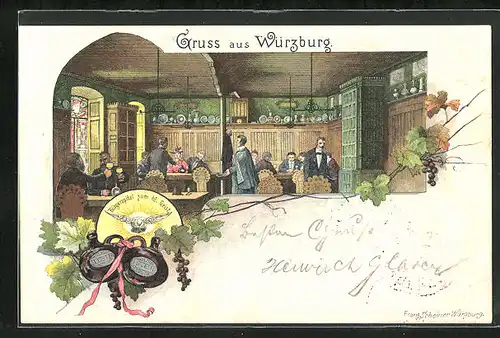 Lithographie Würzburg, Gasthaus Bürgerspital zum hl. Geist