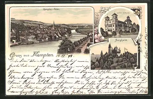 Lithographie Kempten, Kath. Kirche, Burghalde, Totalansicht