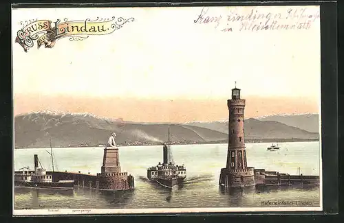 Lithographie Lindau, Hafeineinfahrt mit Bergpanorama und Leuchtturm