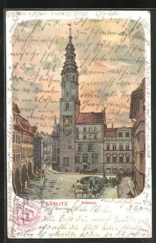 Lithographie Görlitz, Rathaus mit Pferdewagen