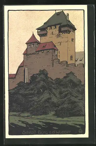 Steindruck-AK Burg a. d. Wupper, Blick auf das Schloss