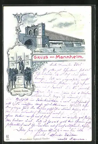 Lithographie Mannheim, Rheinbrücke, Schiller-Denkmal