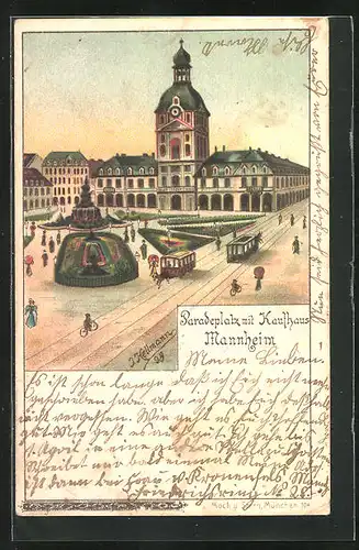 Künstler-AK Mannheim, Paradeplatz mit Kaufhaus und Strassenbahnen