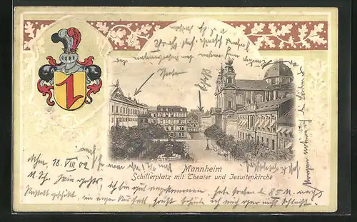 AK Mannheim, Schillerplatz mit Theater und Jesuitenkirche, Wappen