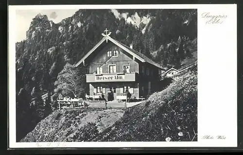 AK Lenggries /Obb., Gasthaus Reiser Alm mit Demmelspitze