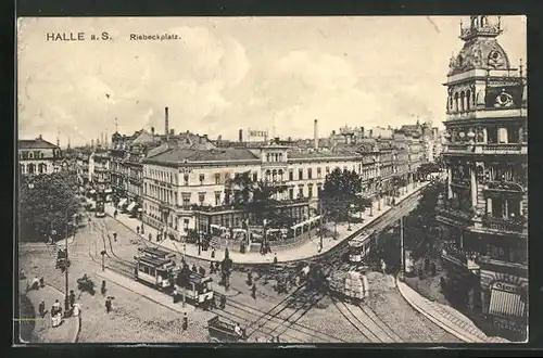 AK Halle a/S., Stadtverkehr auf dem Riebeckplatz